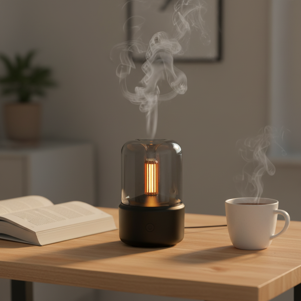 Lumora Candlelight Aroma Diffuser in Black — desk lifestyle