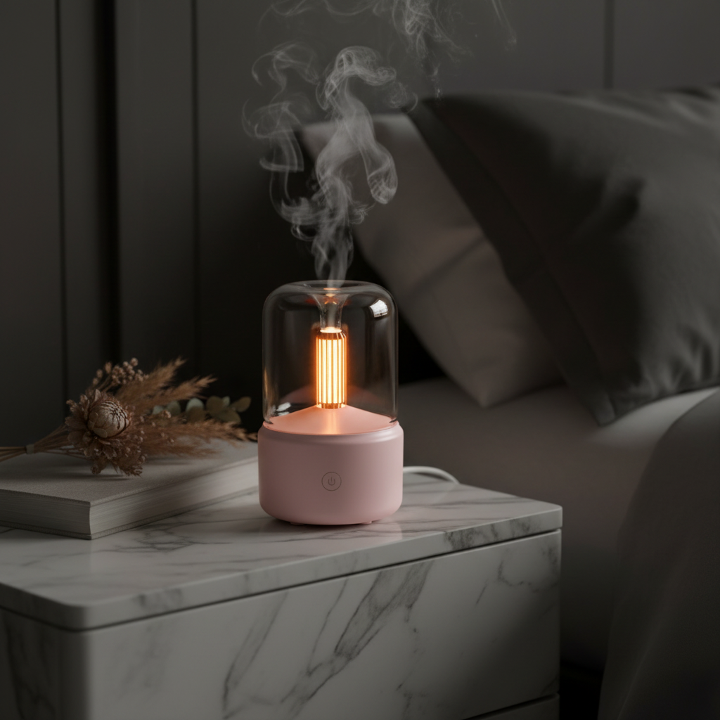 Lumora Candlelight Aroma Diffuser in Pink — bedroom lifestyle